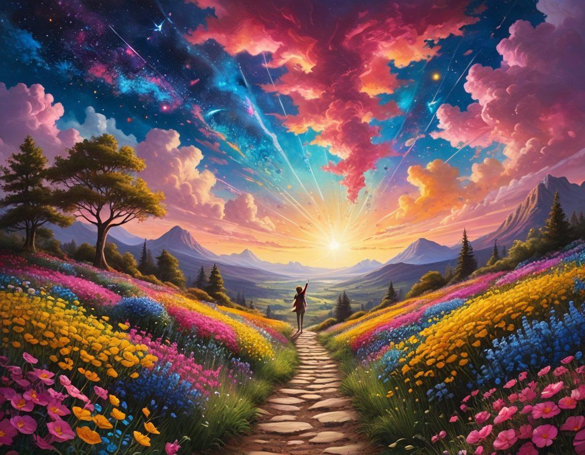 A whimsical landscape featuring a colorful kaleidoscope of imaginative elements like paint splashes, floating light bulbs, and a path winding through vibrant flowers. Include a silhouette of a person joyfully exploring the scene, with stars and dreamlike clouds overhead. Emphasize creativity with vivid colors and playfulness. super-realistic. vibrant colors. fantasy art.
