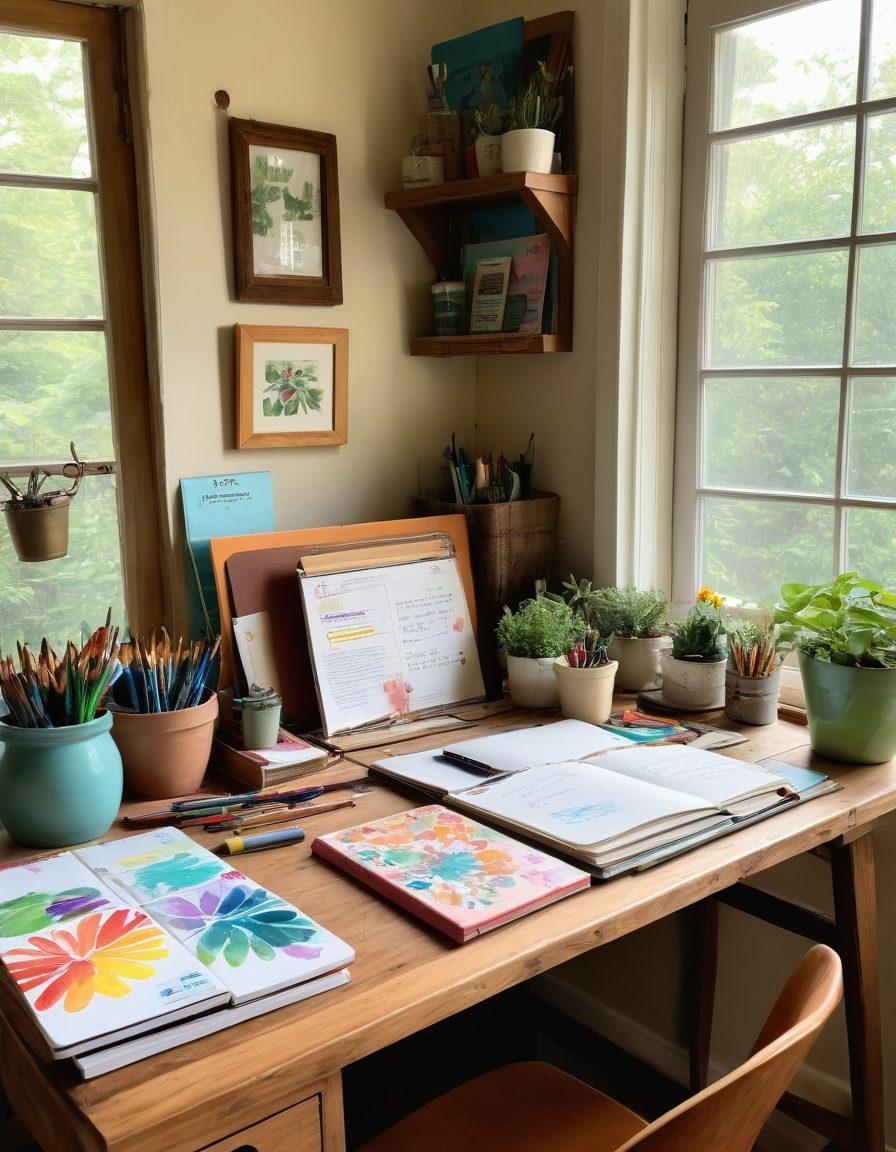 A cozy workspace featuring a wooden desk cluttered with a colorful journal, an open laptop displaying a blog post, and art supplies like paints and brushes scattered around. A large window shows a bright, sunny day with inspiration boards filled with pictures of leisure activities like hiking, painting, and gardening. The scene invites creativity and warmth, suggesting a transition from personal journaling to blogging. whimsical, bright colors, soft lighting.