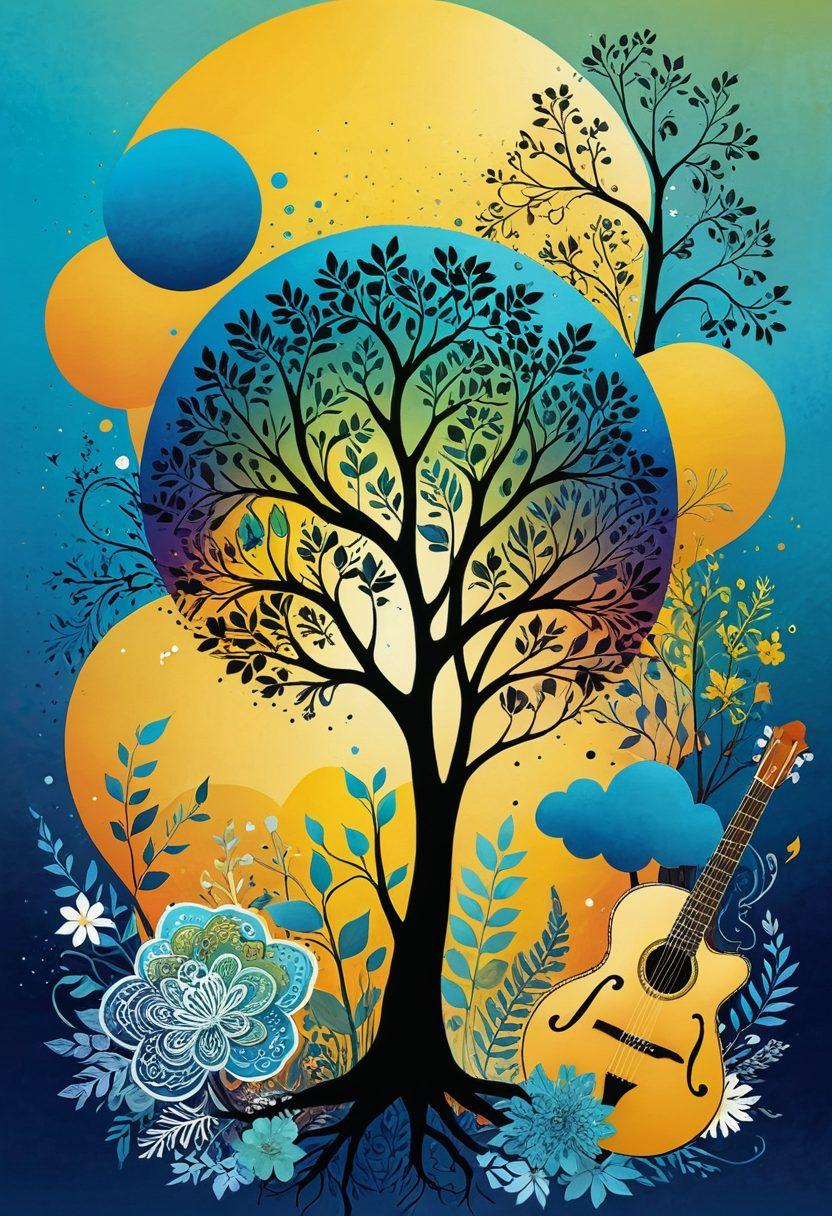 A vibrant collage depicting various tools for personal growth like journals, paintbrushes, and musical instruments, intertwined with symbols of imagination such as floating thought bubbles and creative doodles. The background should be an abstract gradient that transitions from calming blues to inspiring yellows, reflecting a journey of self-discovery and expression. Elements of nature, like trees and flowers, subtly integrated to symbolize flourishing personal development. super-realistic. vibrant colors. abstract background.
